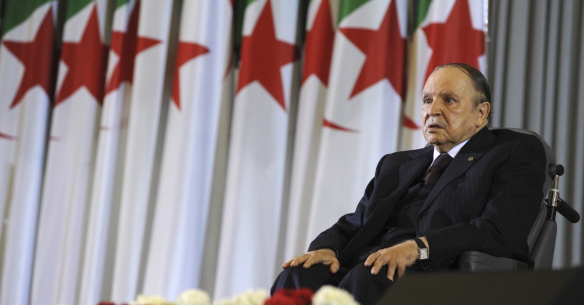 Algerian President Abdelaziz Bouteflika sits on a wheelchair after taking oath as president, Algiers, April 28, 2014.