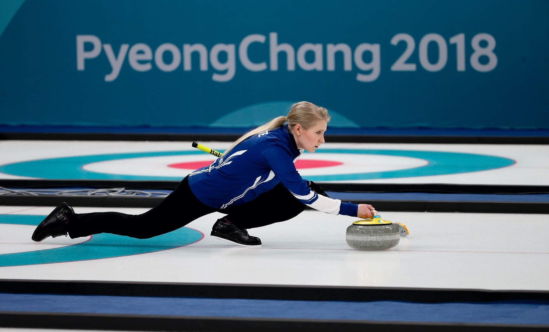 Finlandu2019s Oona Kauste throws a rock while training ahead of the 2018 Winter Olympics in Gangneung, South Korea.
