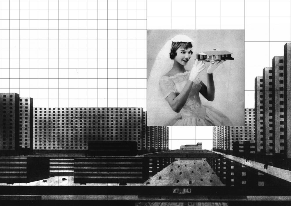 Mona Mahall - Aslu0131 Serbest, collage, 2018 Rendering of Ludwig Hilberseimeru2019s u201cCity of Scyscrapersu201c (1924) / u201cPost-War Brideu201c (1956).