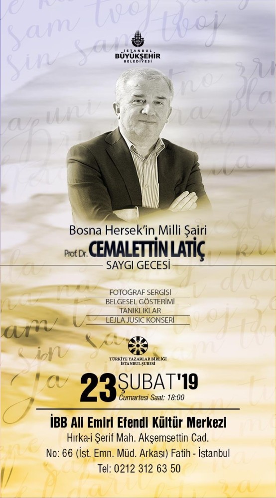 Poster reads ,Homage Night to Cemalettin Latic, the national poet of Bosnia.,