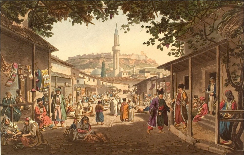 A painting of a bazaar in Greece depicting Muslims and Orthodox Christians living together under the rule of the Ottoman Empire. 