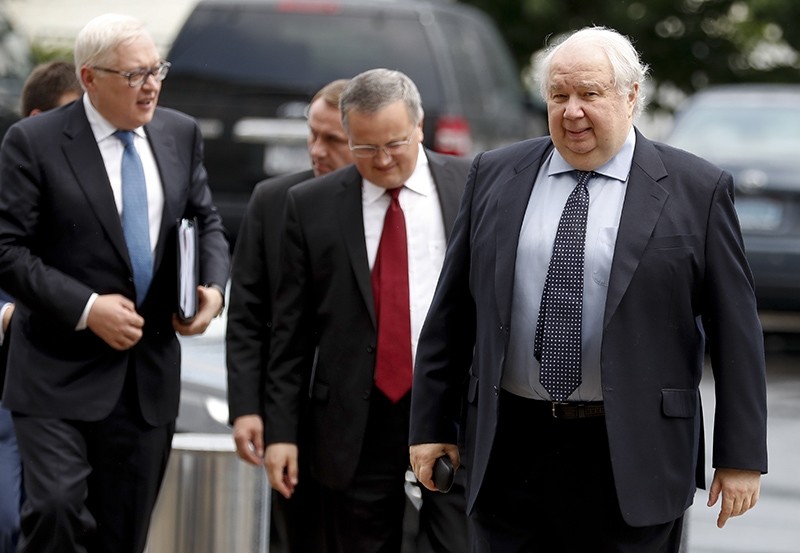 Russian Ambassador to the U.S. Sergey Kislyak, right, and Russian Deputy Foreign Minister Sergei Ryabkov, left, arrive at the State Department in Washington, Monday, July 17, 2017 (AP Photo)