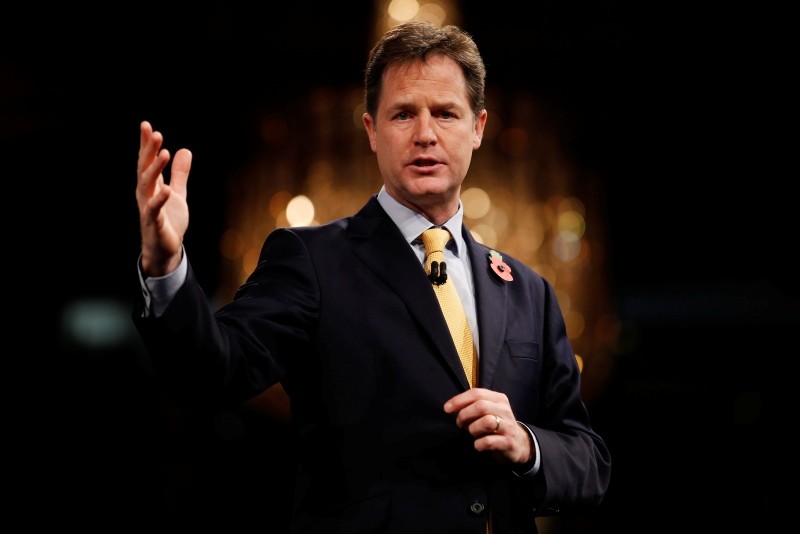 In this file photo taken on November 10, 2014 British Deputy Prime Minister Nick Clegg addresses delegates at the annual Confederation of British Industry (CBI) conference in central London on November 10, 2014. (AFP Photo)