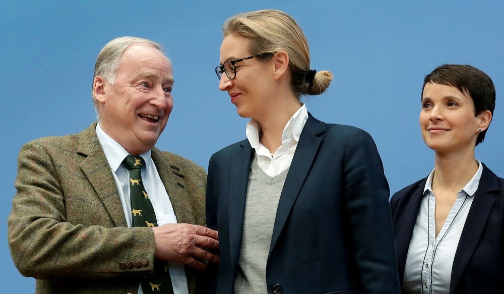 AfD figureheads Frauke Petry (R) with Alexander Gauland (L) and Alice Weidel, in Berlin, Sept. 25.