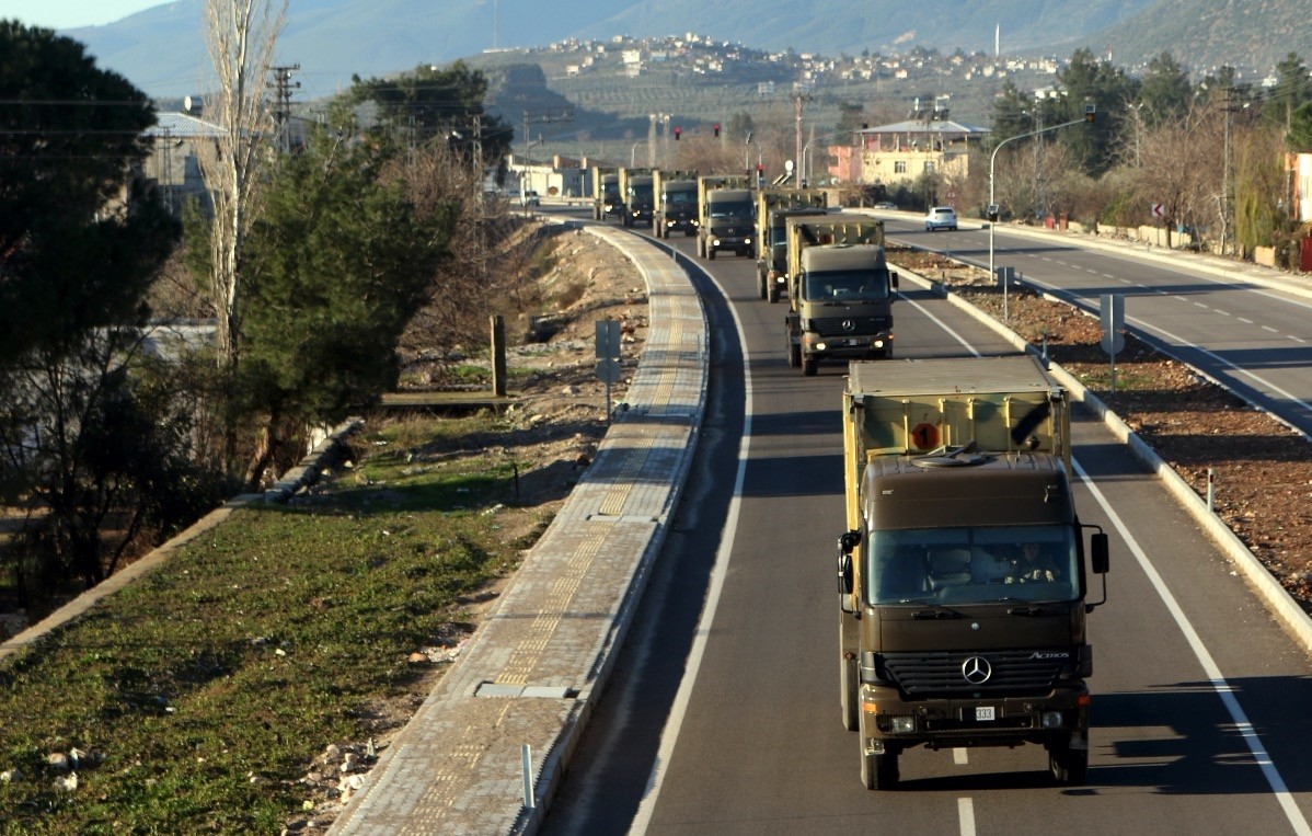 A Turkish military convoy en route to southeastern Gaziantep province on the Syrian border, as part of the deployment preparations for a cross-border operation against the YPG in Syria, Jan. 21, 2019.