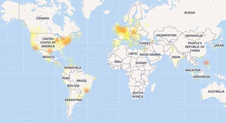 A map from Down Detector website showing where Facebook users report to have problems reaching the network.