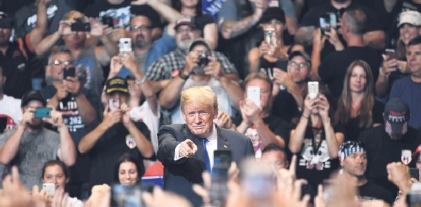 U.S. President Donald Trump speaks at a political rally at the Mohegan Sun Arena, Pennsylvania, Aug. 2.