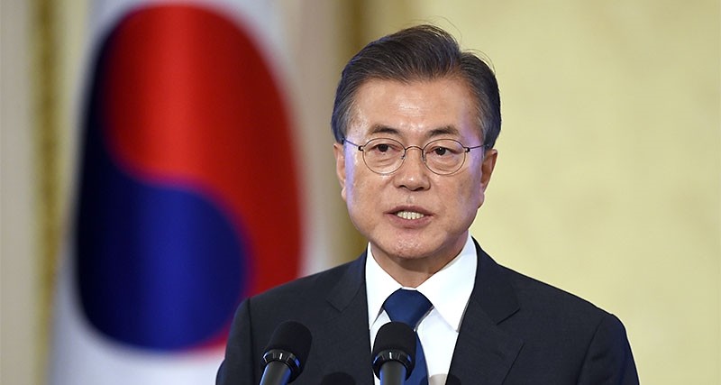 South Korea's President Moon Jae-In speaks during a press conference marking his first 100 days in office at the presidential house in Seoul. (AFP Photo)