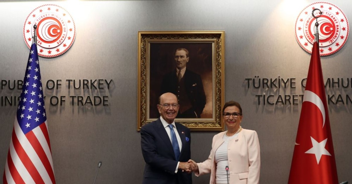 Trade Minister Ruhsar Pekcan (R) shakes hands with US Secretary of Commerce Wilbur Ross following their meeting in Ankara, Sept. 10, 2019.