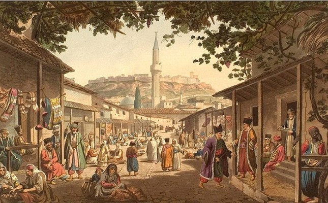A painting portraying a market place in former Ottoman capital Bursa. During the Seljuk and Ottoman period, trade was an important part of daily life and derbend guards were first to introduce insurance from Anatolia to the rest of the world.