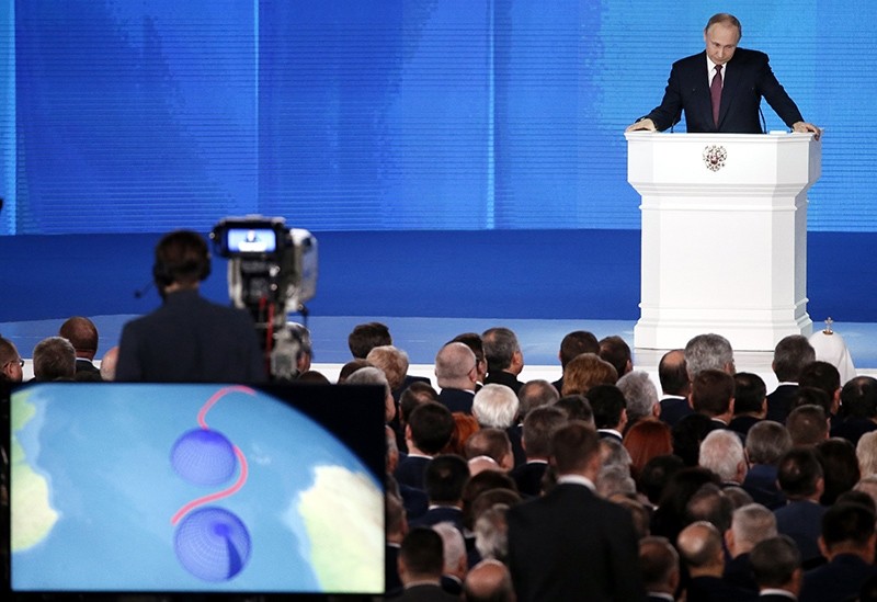 Russian President Vladimir Putin delivers his annual address to the Federal Assembly at the Manezh Central Exhibition Hall in Moscow, Russia, March 1, 2018. (EPA Photo)