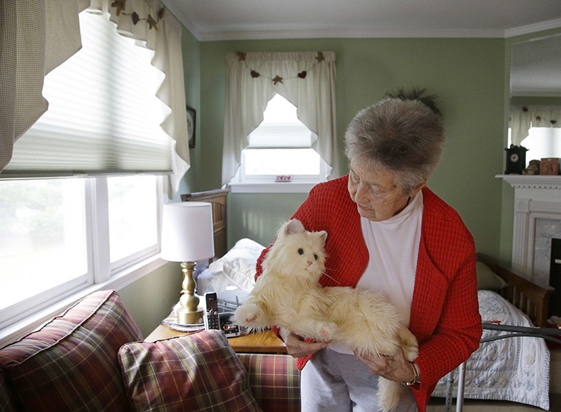 In this Dec. 1, 2017, photo, 93-year-old Mary Derr holds her robot cat she calls ,Buddy, as she talks to it in her home in Rhode Island, USA. (AP Photo)