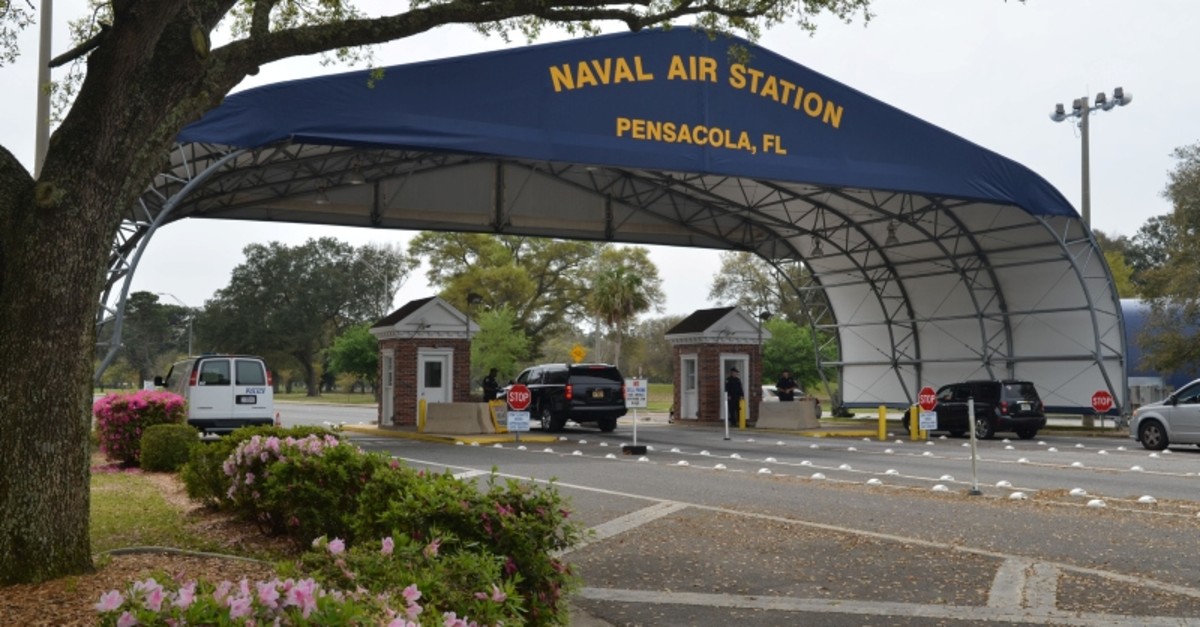 The main gate at Naval Air Station Pensacola is seen on Navy Boulevard in Pensacola, Florida, U.S. March 16, 2016. Picture taken March 16, 2016. (U.S. Navy/Patrick Nichols/Handout via Reuters)