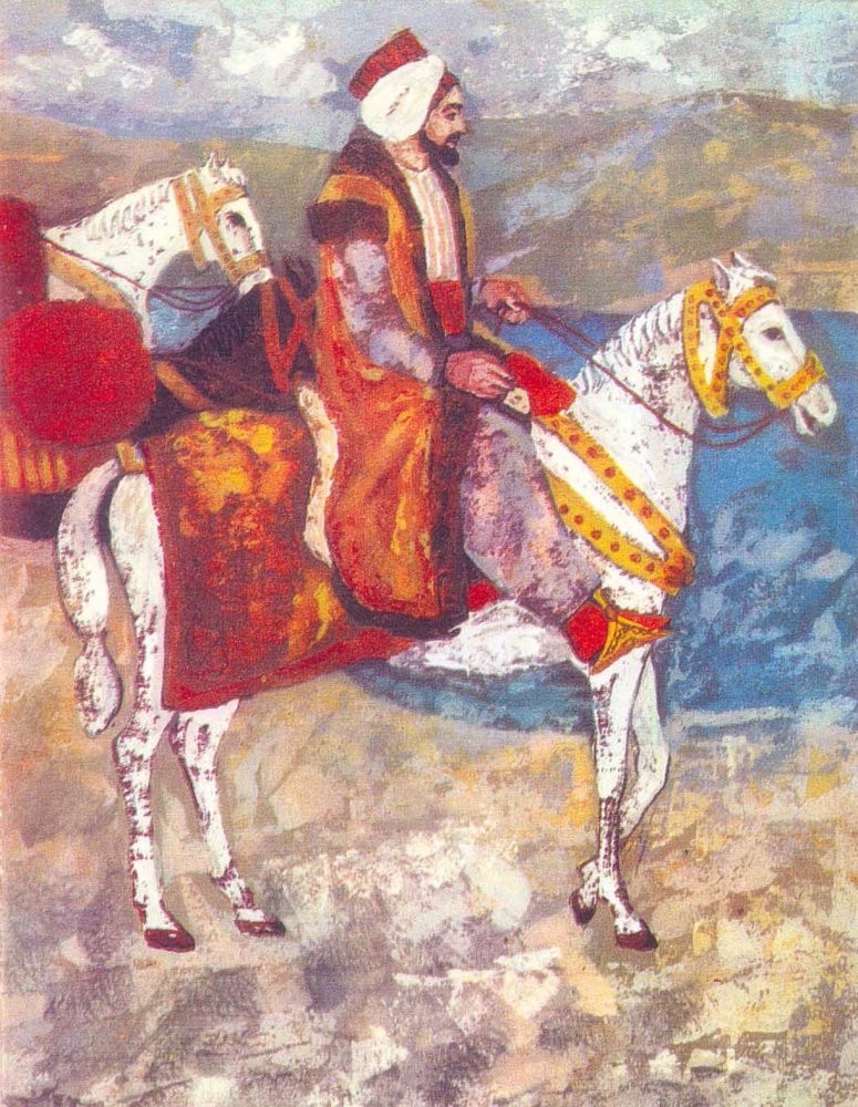 A painting of Evliya u00c7elebi shows the traveler on horseback.