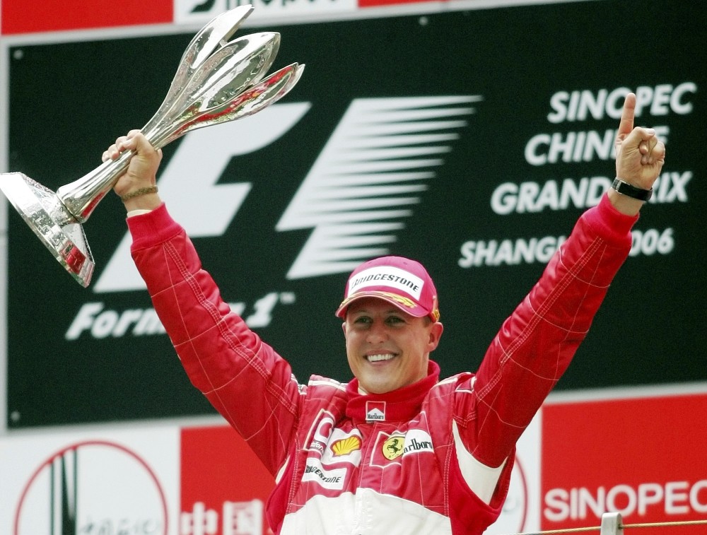 Schumacher celebrates winning the Formula One Chinese Grand Prix auto race at the Shanghai International Circuit in Shanghai, China, on Oct. 1, 2006.