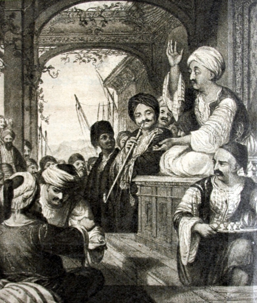 A gravure depicting an Ottoman meddah (storyteller) telling stories to a crowd.