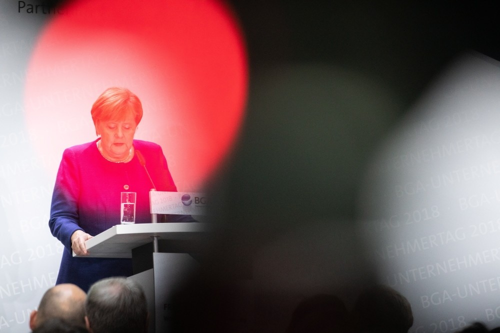 German Chancellor Angela Merkel speaks at an event organized by Federal Association of Wholesale, Foreign Trade and Services in Berlin, Oct. 15.