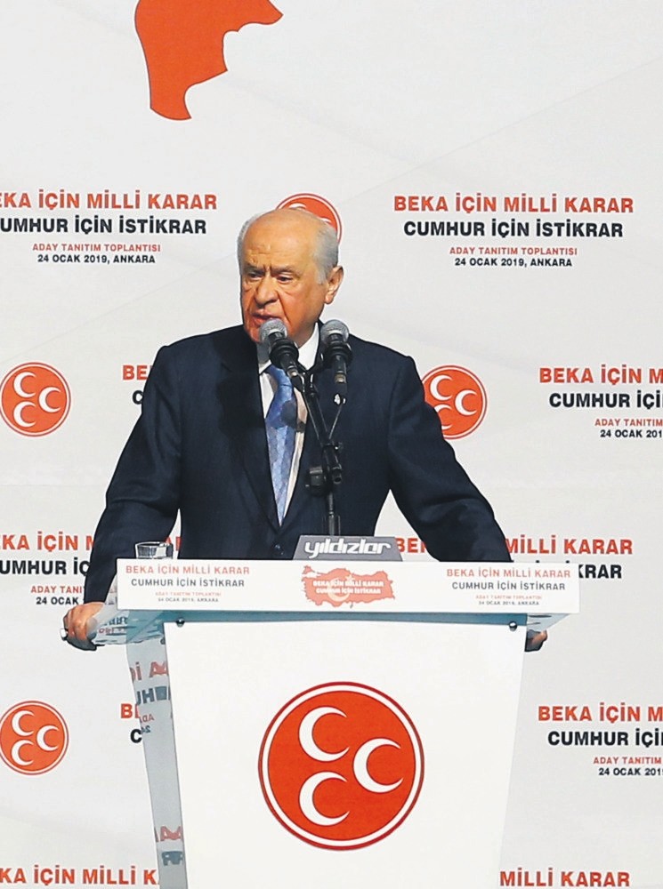 MHP leader Devlet Bahu00e7eli speaks at his party's candidate presentation event in Ankara, Jan. 24, 2019.