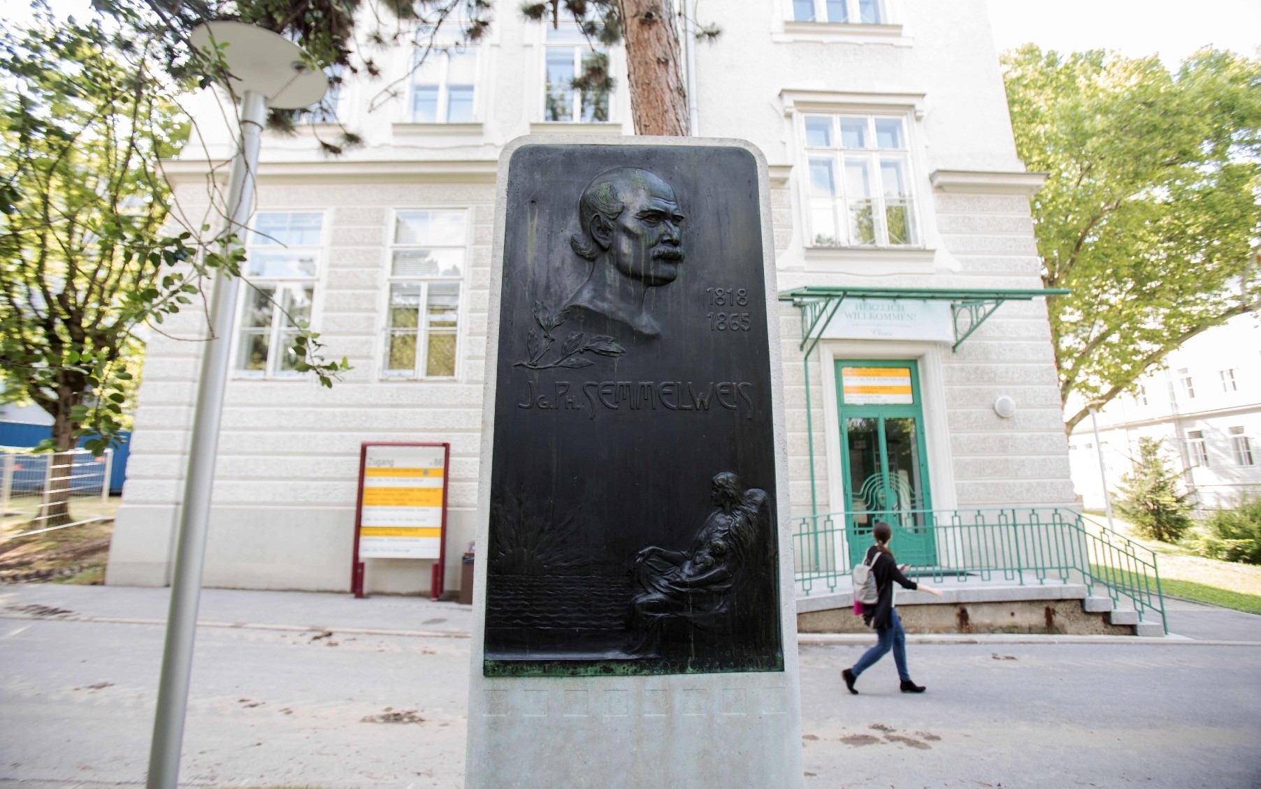 A commemorative plaque for pioneering scientist Ignaz Phillip Semmelweis stands in the garden of the General Hospital in Vienna.