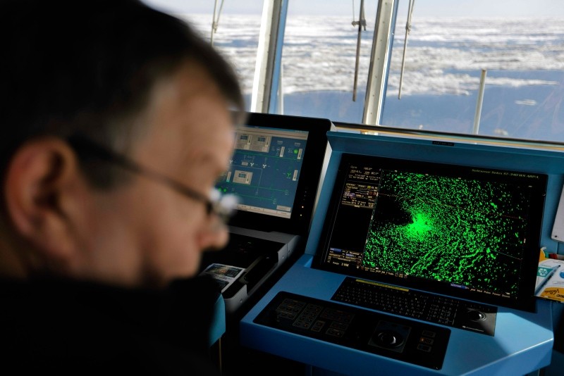 In this July 16, 2017, file photo a radar shows sea ice ahead of the Finnish icebreaker MSV Nordica as chief officer Harri Venalainen navigates the ship through the Beaufort Sea while traversing the Arctic's Northwest Passage (AP Photo)