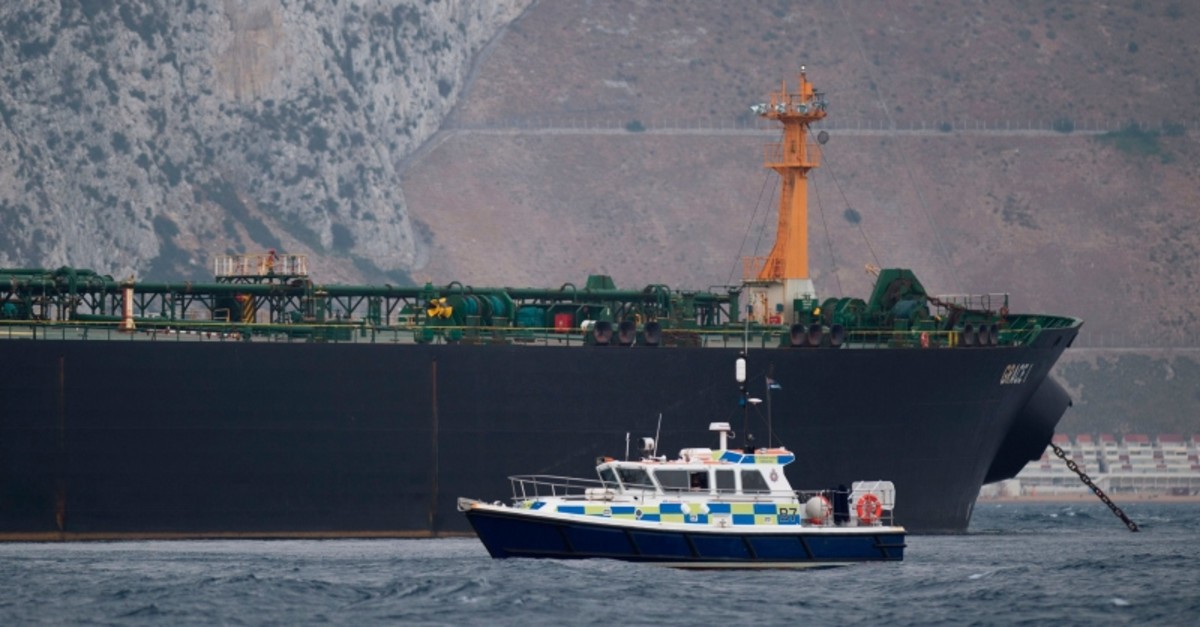 A British Police ship patrols near supertanker Grace 1 off the coast of Gibraltar on July 6, 2019. (AFP Photo)