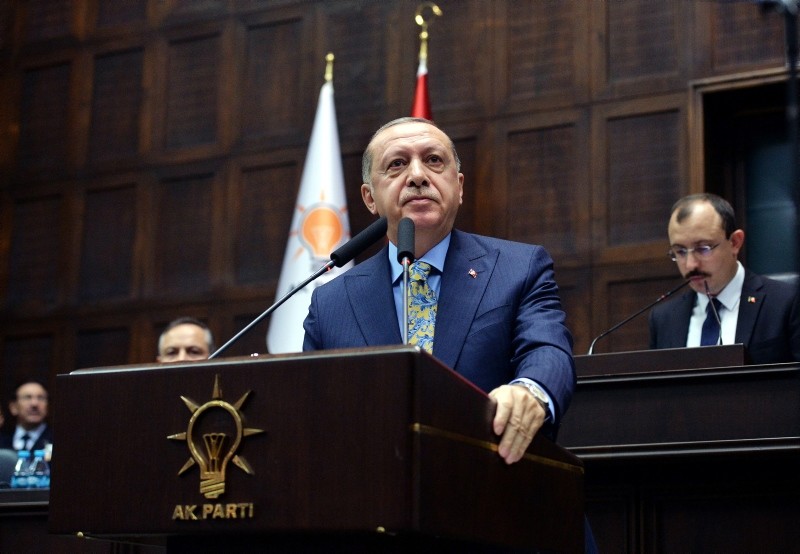 President Recep Tayyip Erdou011fan addresses the ruling AK Party's parliamentary group in Ankara, Turkey Oct. 23, 2018. (EPA Photo)