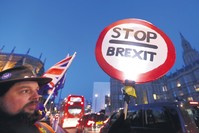 A pro-EU demonstrator holds a banner near parliament in London, Jan. 17, 2019.