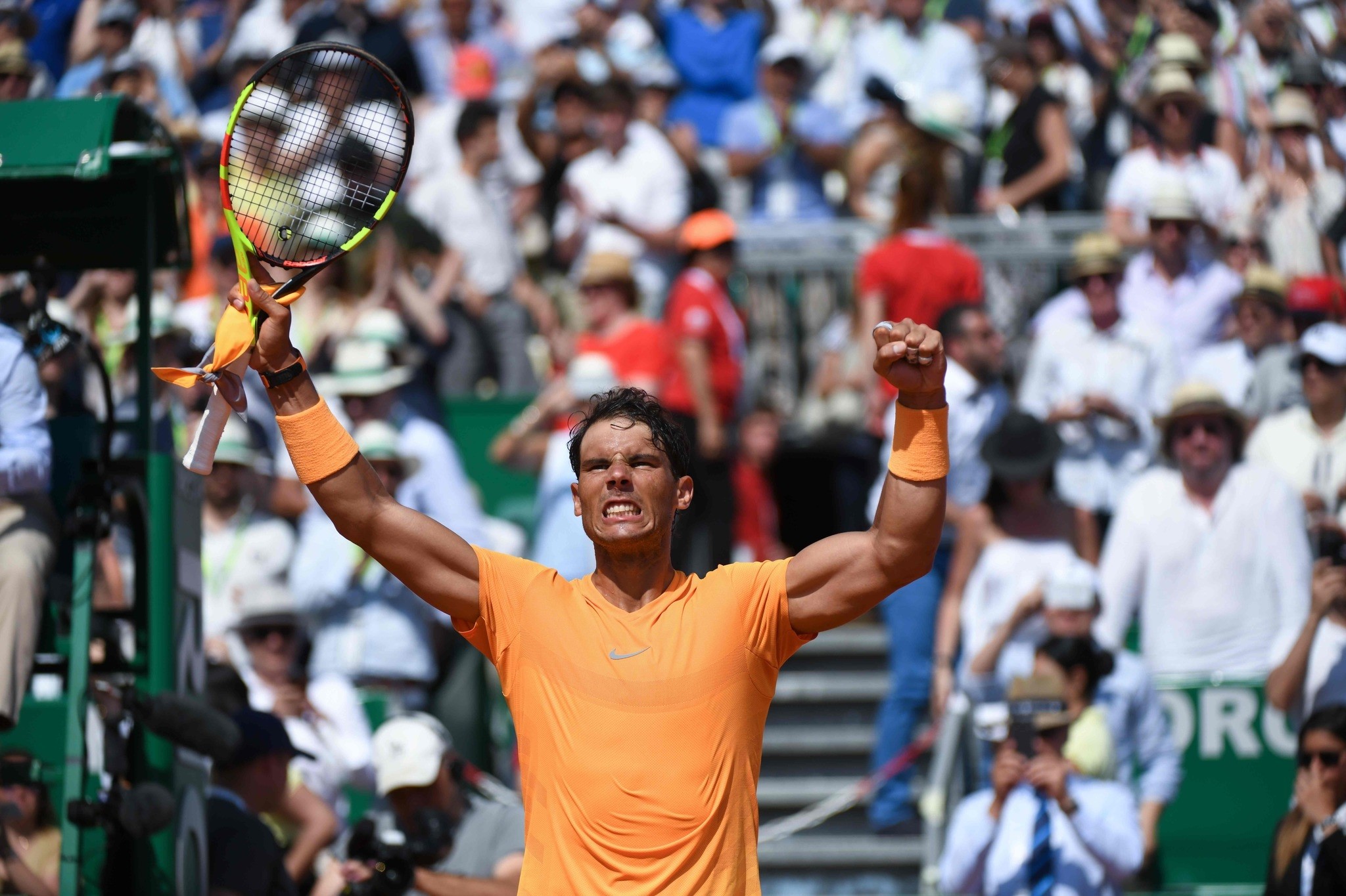 Spain's Rafael Nadal celebrates after his victory against Bulgaria's Grigor Dimitrov during their semi-final match at the Monte-Carlo ATP Masters Series tournament on April 21, 2018 in Monaco. (AFP Photo)
