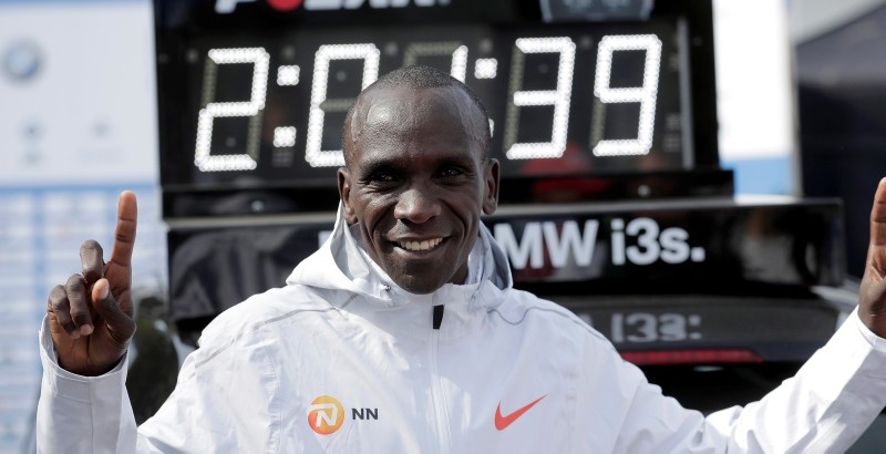 Eliud Kipchoge celebrates winning the 45th Berlin Marathon in Berlin, Germany, Sunday, Sept. 16, 2018. (AP Photo)