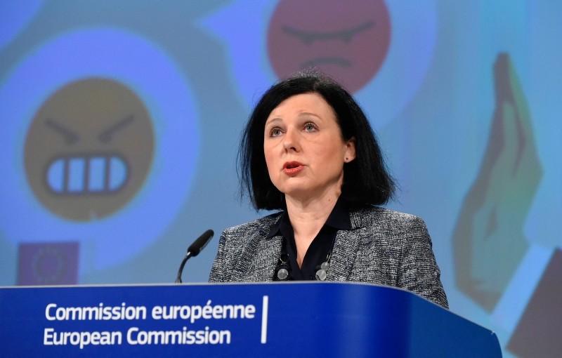 EU Commissioner for Justice, Consumers and Gender Equality, Vera Jourova gives a press conference on the fourth monitoring of the Code of Conduct on countering illegal hate speech online at the EU headquarters in Brussels, on February 4, 2019. (AFP)