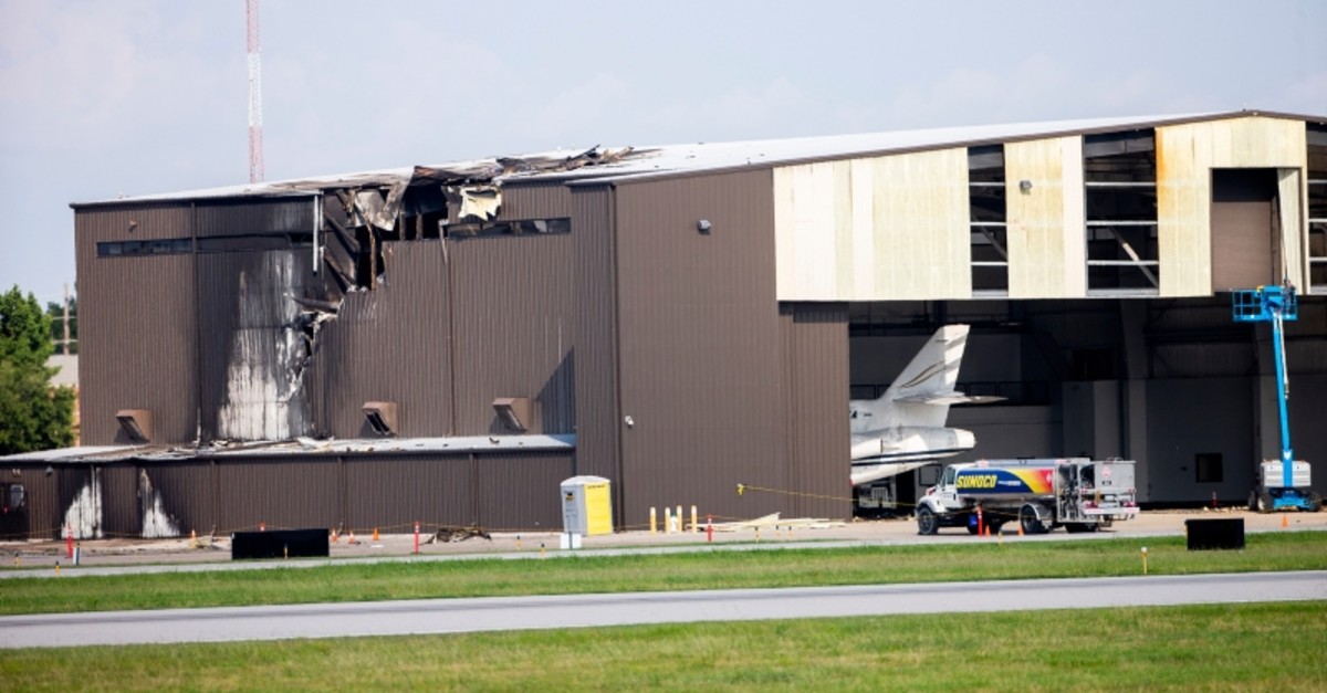 Damage is seen to a hangar after a twin-engine plane crashed into the building at Addison Airport in Addison, Texas, Sunday, June 30, 2019. (AP Photo)