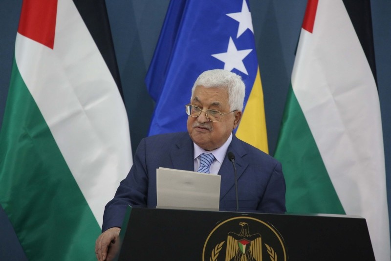 Palestinian President Mahmoud Abbas speaking during an official visit by Bosnian President Izetbegovic (AA Photo)