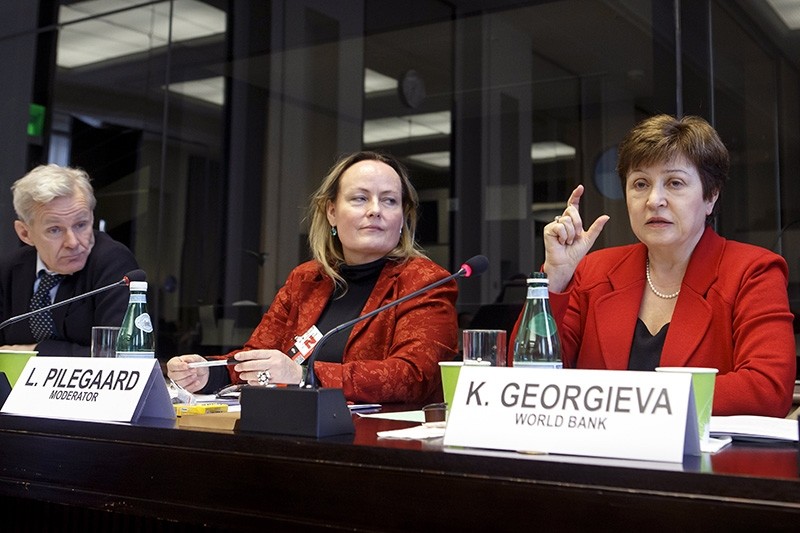 World Bank Chief Executive Officer Kristalina Georgieva (R) sitting next to Jan Egeland (L) and moderator Lisberth Pilegaard, speaks during a panel at the European headquarters of the United Nations in Geneva, Switzerland (EPA Photo)