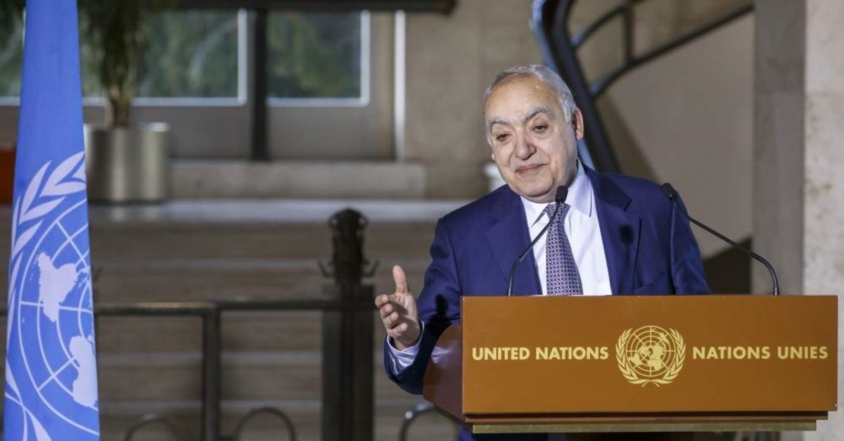 Ghassan Salame, Special Representative of the United Nations Secretary-General and Head of the United Nations Support Mission in Libya, informs the media about the meeting of the 5 5 Libyan Joint Military Commission at the European headquarters of the United Nations in Geneva, Switzerland, Feb. 04, 2020. (EPA Photo)