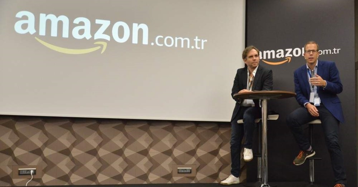 Amazon.com.tr Country Manager Richard Marriott (R) and Seller Services Country Leader Harmut Fink (L) address Turkish SMEs during the first vendor meeting of Amazon.com.tr, Istanbul, Nov. 6, 2019. (AA Photo)