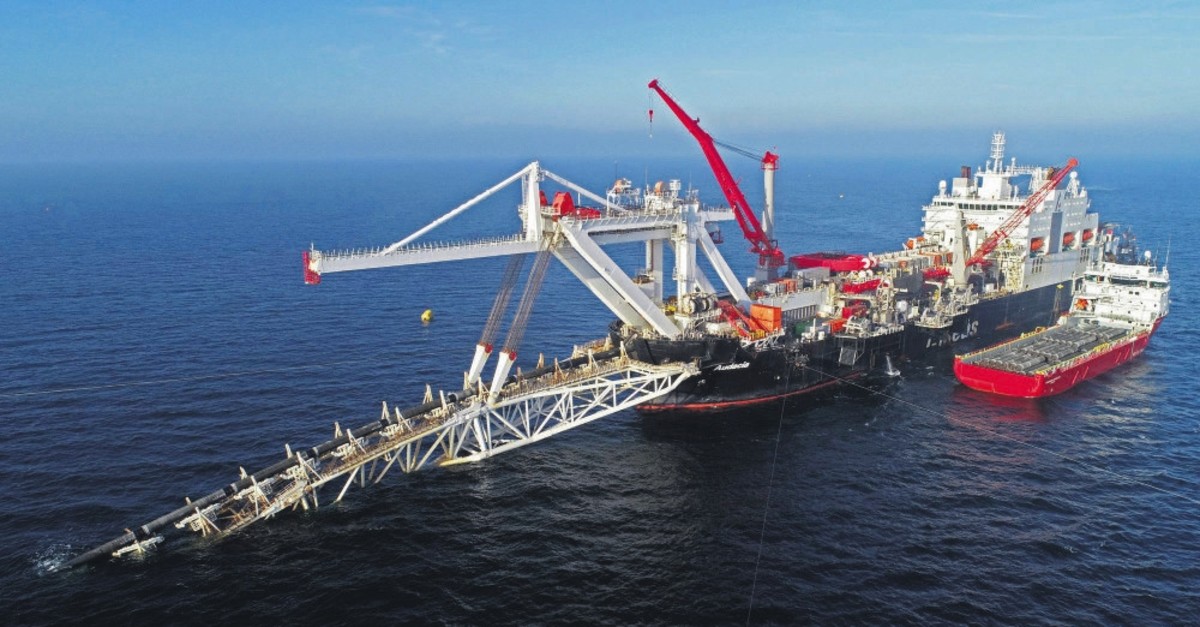 A ship works offshore in the Baltic Sea on the natural gas pipeline Nord Stream 2 from Russia to Germany, Nov. 11, 2018.