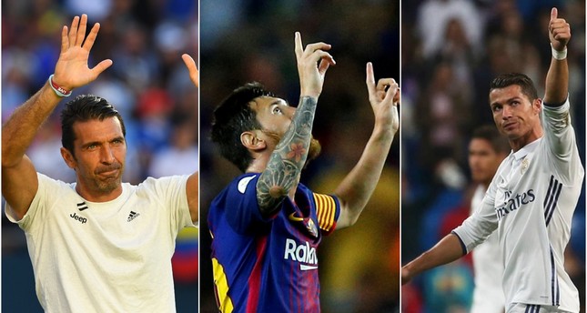 Buffon (L) joins Messi (C), Ronaldo (R) on UEFA shortlist.