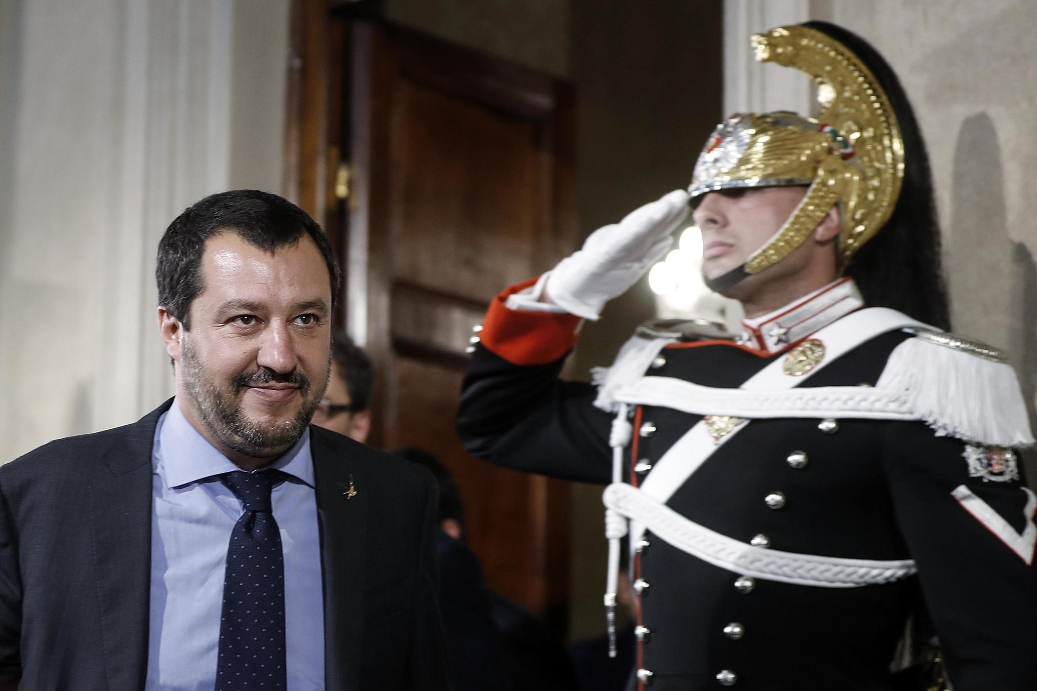 Leader of the League party, Matteo Salvini, arrives to address the media after meeting with Italian President Sergio Mattarella, at the Quirinale presidential palace, Rome, May 14.