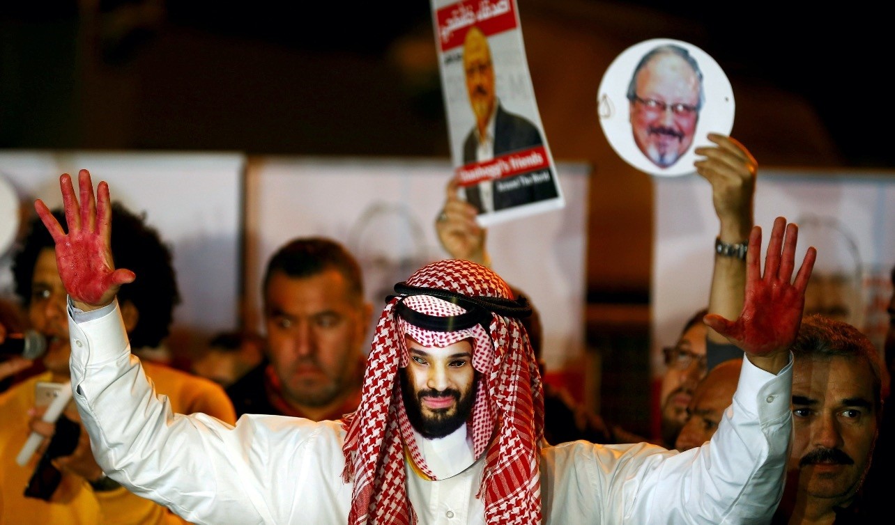 A demonstrator wearing a Mohammed bin Salman mask attends a protest outside the Saudi Consulate in Istanbul, Oct. 25.