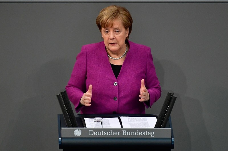 German Chancellor Angela Merkel gives a speech at the Bundestag (lower house of parliament) on February 22, 2018 in Berlin. (AFP Photo)