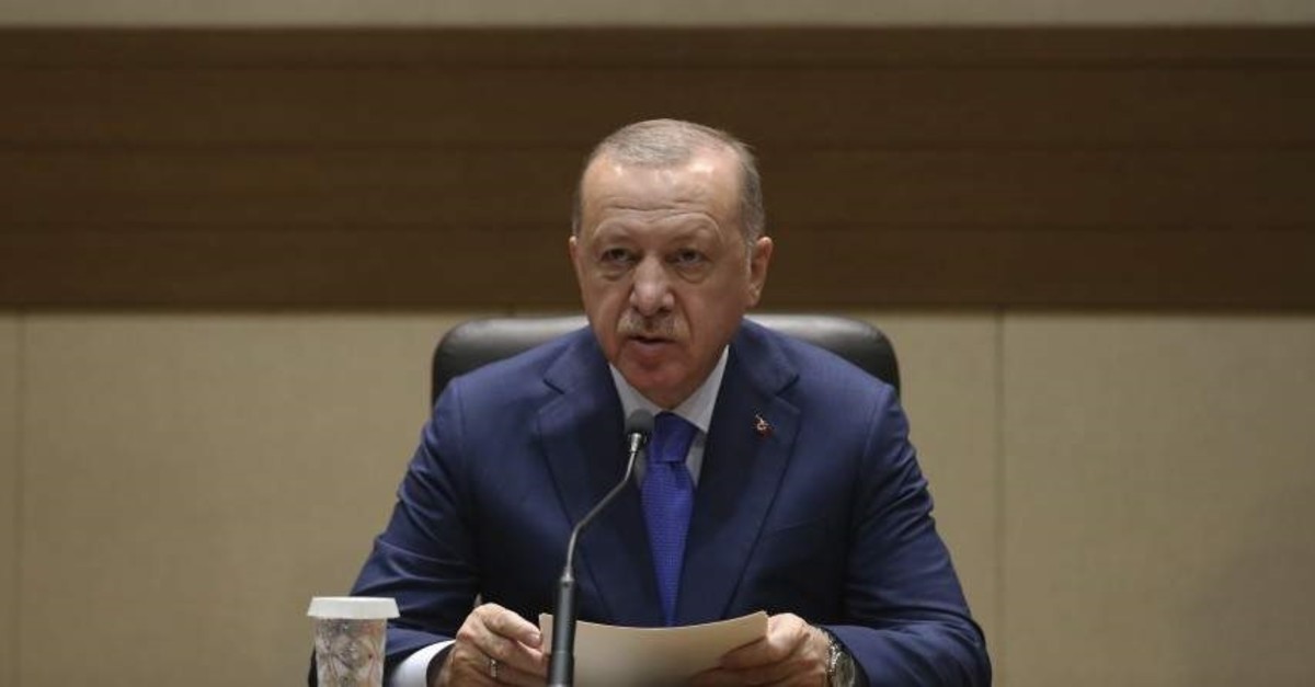 President Recep Tayyip Erdo?an speaks to the media before traveling to Berlin for a summit on Libya, Istanbul, Jan.19, 2020. (AP PHOTO)