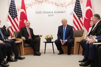 President Recep Tayyip Erdou011fan (L), U.S. President Donald Trump and their delegations during a meeting on bilateral relations at the G20 summit, Osaka, Japan, June 29, 2019. 
