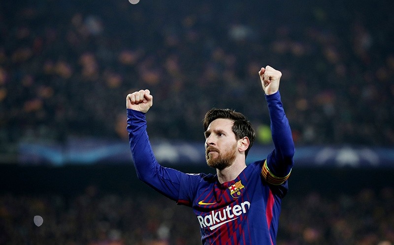 Barcelonau2019s Lionel Messi celebrates scoring their third goal on March 14, 2018. (Reuters Photo)