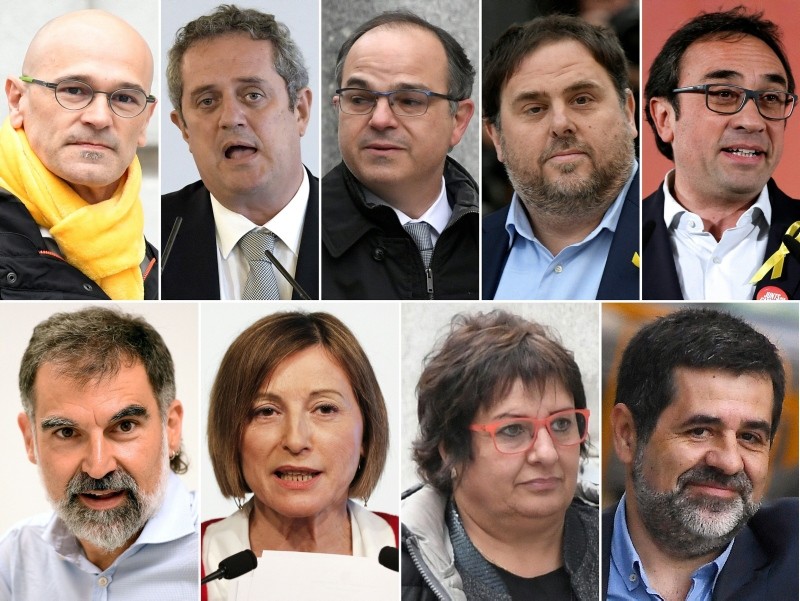 This combination of file pictures created on October 26, 2018 shows jailed Catalan separatist leaders (TOP L-R) Romeva, Forn, Turull, Junqueras, Rull (BOTTOM L-R) Cuixart, Forcadell, Bassa and Sanchez. (AFP Photo)