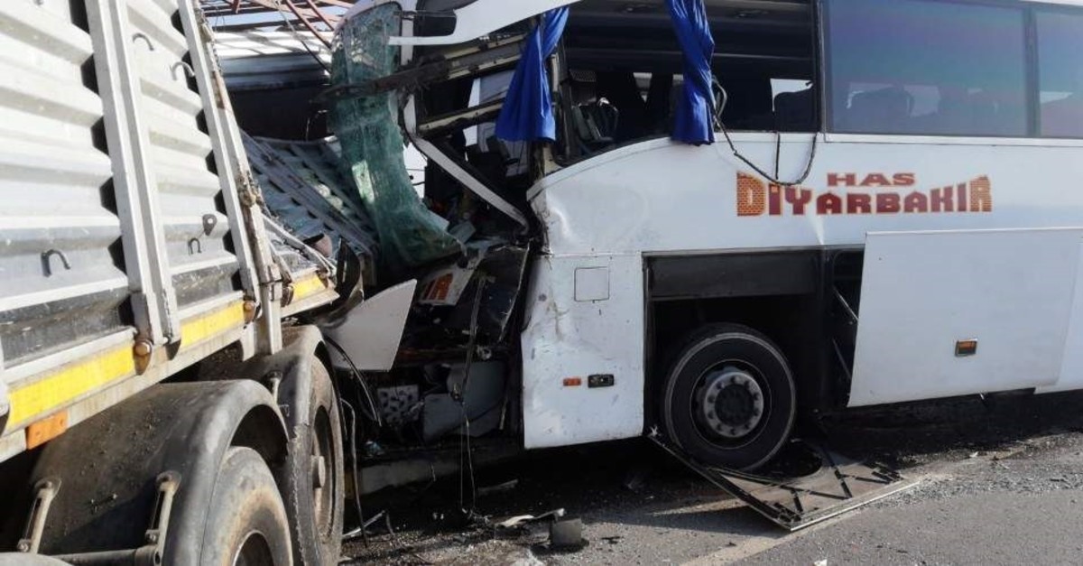 Two were killed after a bus and truck collided in Afyonkarahisar, Nov. 19, 2019. (DHA Photo)