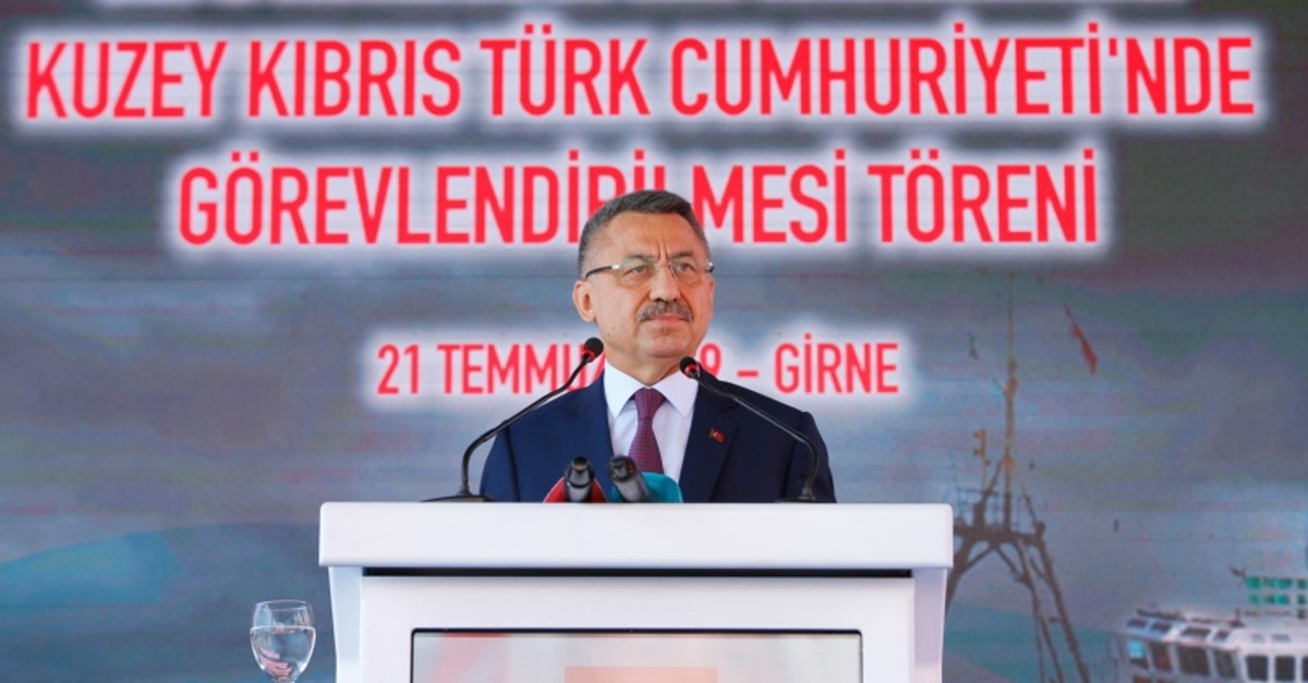 Vice President Fuat Oktay speaking at the welcoming ceremony of the multi-purpose rescue ship named ,Gemi Kurtaran, in the coastal city of Girne, TRNC, July 21, 2019. (AA Photo)