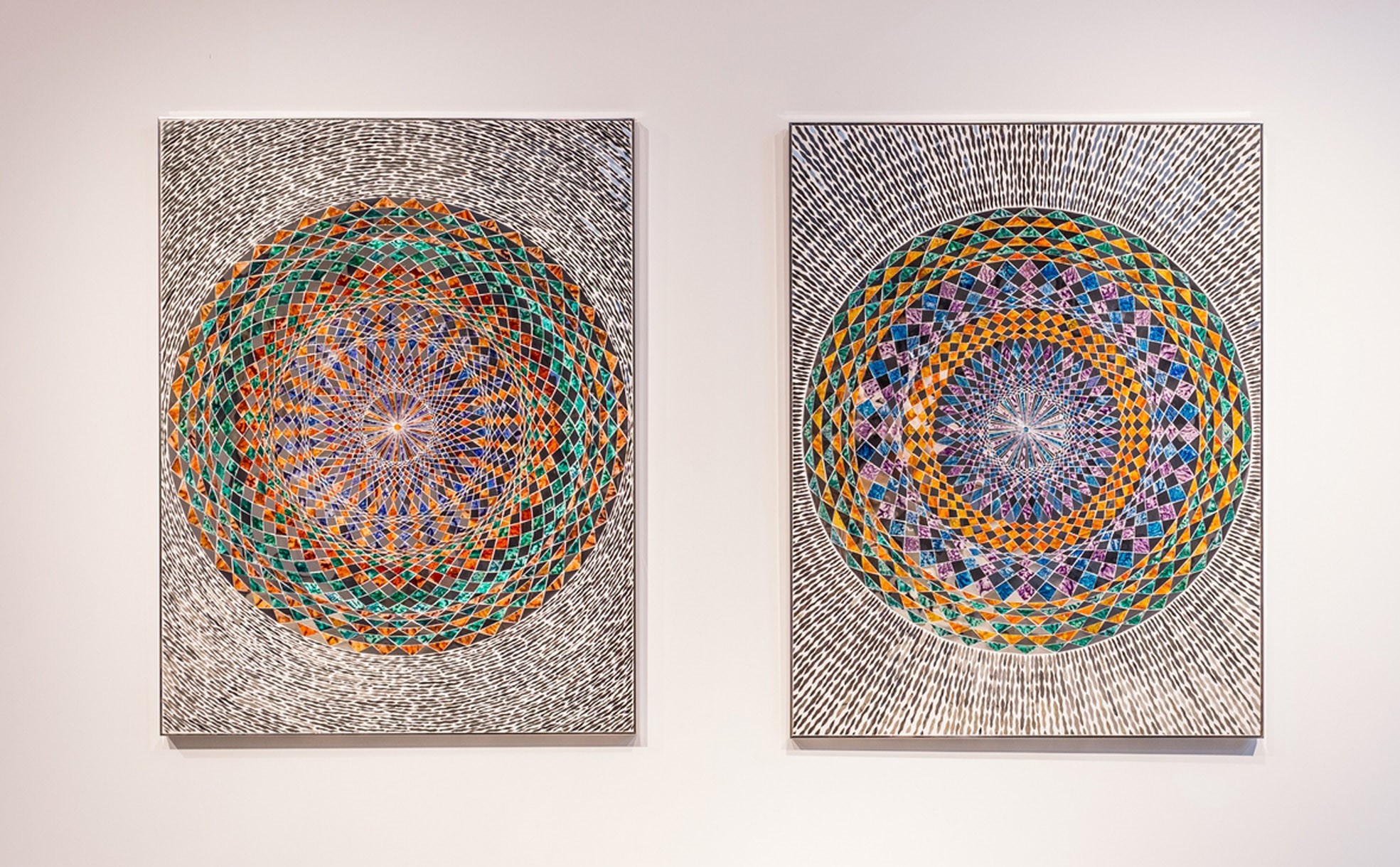 Monir Farmanfarmaian, u201cSunset (left) and Sunrise (right)u201d, Installation view.