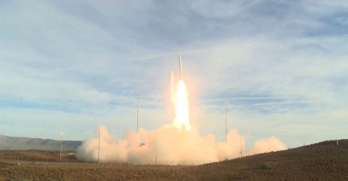 This screen grab taken from Dec. 12, 2019 video released by the U.S. Department of Defense shows a ballistic missile being launched from Vandenberg Air Force Base, Calif. (U.S. Department of Defense via AFP)