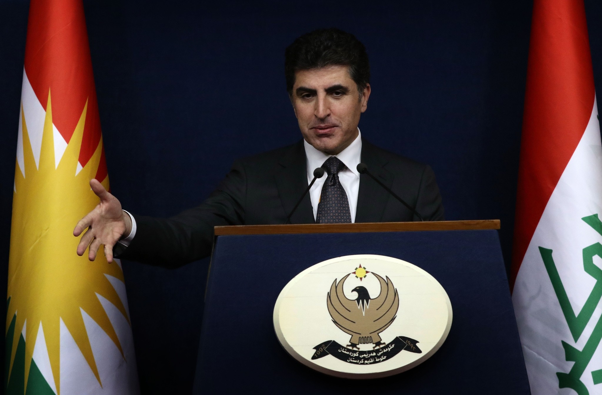 Nechirvan Barzani, prime minister of Iraq's Kurdistan Regional Government (KRG), speaks during a press conference in the northern Iraqi city of Arbil, on November 6, 2017. (AFP PHOTO)