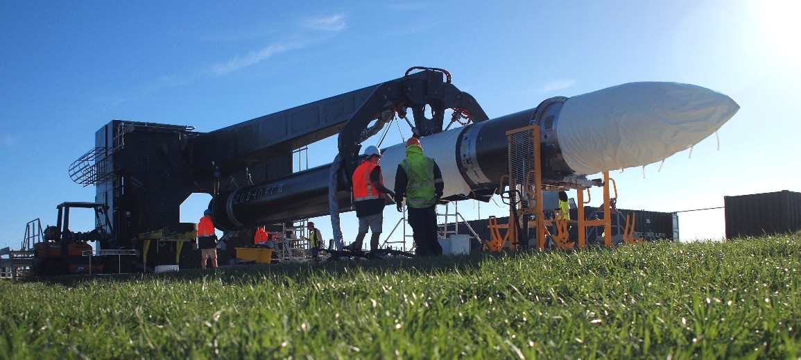 The electron rocket being transported to a launch pad prior to liftoff at the Rocket Lab Launch Complex 1 on the Mahia Peninsula, North Island, New Zealand.